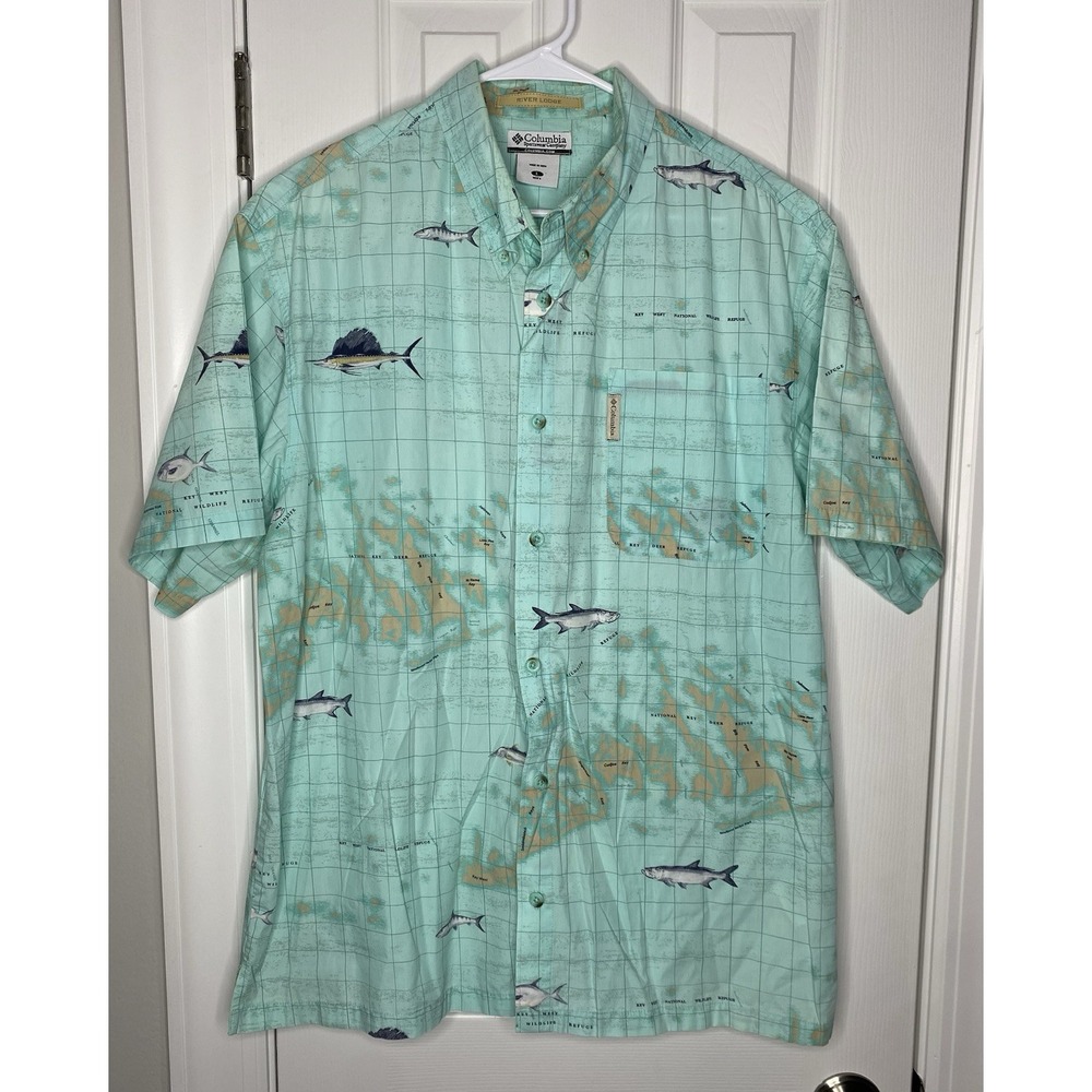 Columbia Men's River‎ Lodge Short Sleeve Fish Tuna Bass Button Shirt Blue Size L